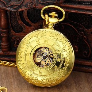 Relojes de bolsillo Retro Tallado Hueco Números romanos Reloj mecánico automático Cadena FOB Cuerda manual Steampunk Esqueleto Dorado Hombres Mujer