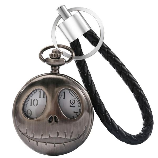 Relojes de bolsillo Retro Charm Key Chain Hollow Frog Eyes Skull Llavero Reloj de cuarzo FOB colgante con cuerda de cuero negro ChainPocket