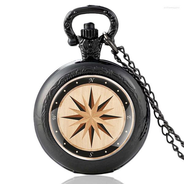 Montres de poche rétro boussole Design noir Vintage montre à Quartz hommes femmes verre dôme Unique pendentif collier heures horloge cadeaux