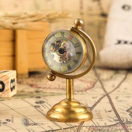 Zakhorloges Retro Koperen Draaiende Globe Mechanisch Horloge Handopwinding Transparante Glazen Bal Klok Goud Thuis Bureau Decor Geschenken