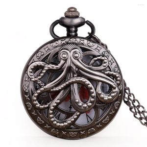 Pocket horloges retro creatief patroon octopus holle halve case kwartskijk met kettingcadeau voor kinderen mannen vrouwen