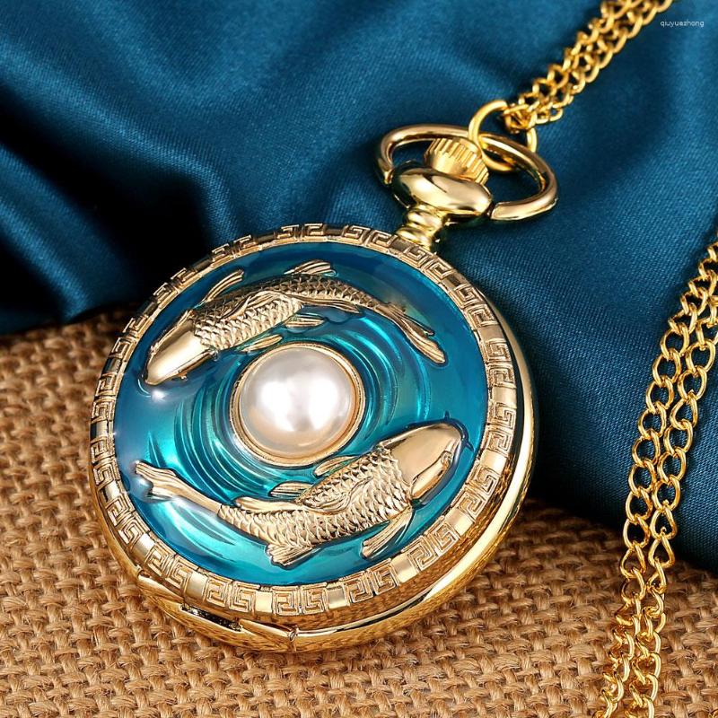 Pocket Watches Retro Double Fish Pearl Watch Turquoise Classical Style Pendant With Chain Luxury Gift for Women Girl Friend Relgio