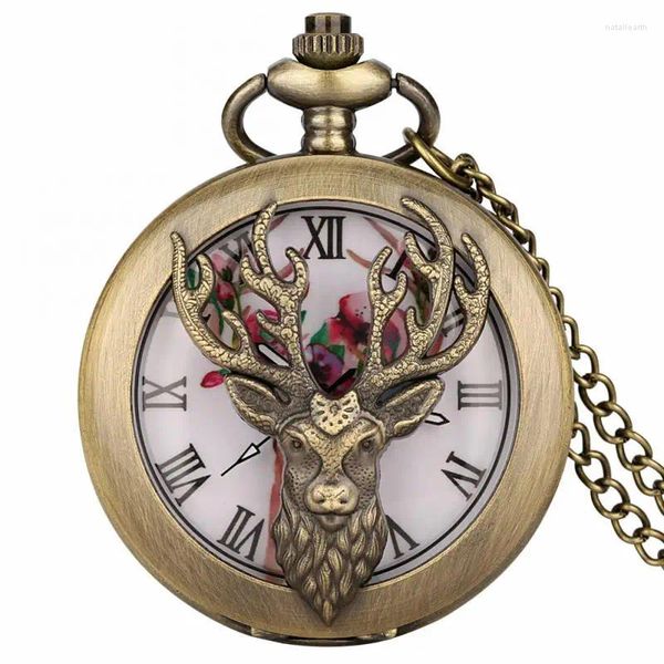 Montres de poche rétro mode cornes cadran conception bronze tête d'élan couverture creuse Sika cerf montre à quartz collier pendentif horloges antiques