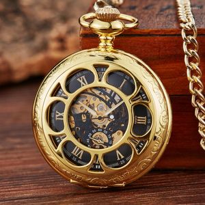 Orologi da taschino Retro Flower Hollow Skeleton Orologio meccanico automatico Mens Fob Chain Acciaio Squisita scultura Donna Numeri romani