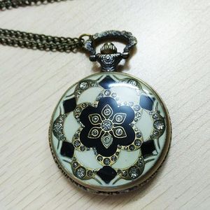 Pocket horloges retro glazen patroon horloge bloem diamant keramische kast voortreffelijk geschenk mode bronzen armband fob tafel