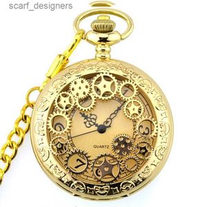 Pocket horloges retro gouden mode holle tandwiel Steampunk Quartz Pocket roestvrijstalen hanger voor mannen dames reloj de bolsillo y240410