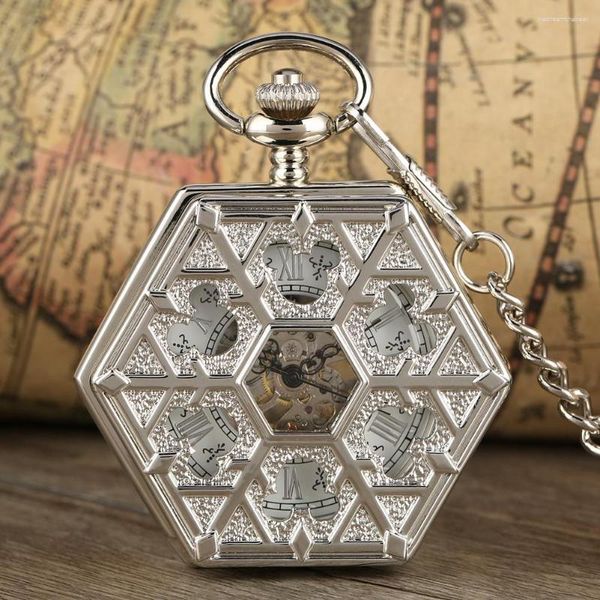 Montres de poche rétro hexagone Transparent squelette mécanique main vent montre HalfHunter Vintage pendentif chaîne hommes femmes