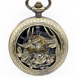 Pocket horloges retro holle bronzen vogel bloem sculptuur mechanisch horloge uniek skelet gelukssymbool pjx1349