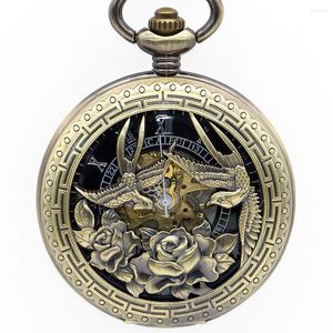 Relojes de bolsillo Retro hueco bronce pájaro flor escultura reloj mecánico esqueleto único símbolo de la suerte PJX1349