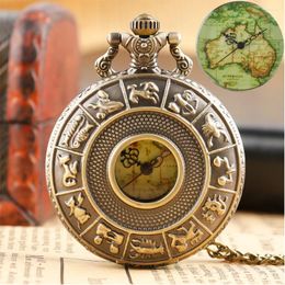 Zakhorloges Retro Kaart Patroon Quartz Ketting Horloge Mannen Vrouwen Zodiac Dieren Relief Holle Legering Kast Vintage Hanger Klok