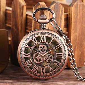 Pocket horloges retro rood koper mechanisch horloge openwork Romeinse cijferuitrusting hanger handmatige unisex klok thun22