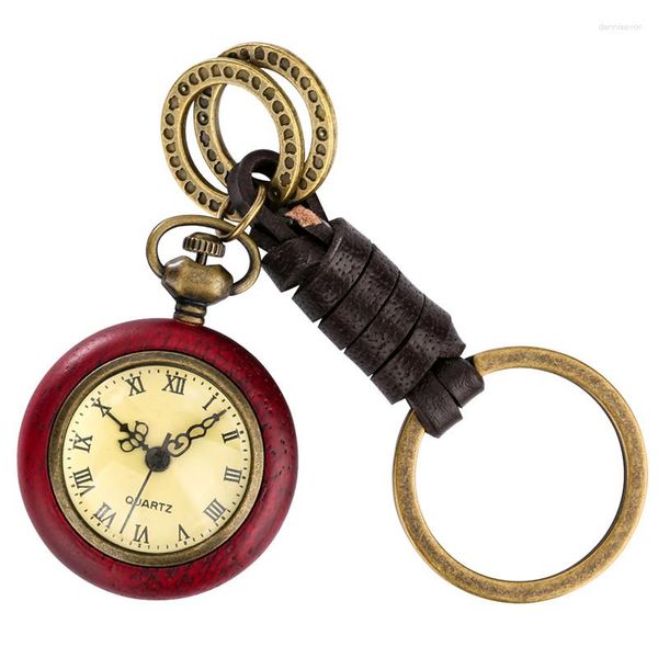 Montres de poche rétro avec boîtier en bois rouge, affichage des chiffres romains, mouvement à quartz, porte-clés portable, horloge pour hommes et femmes