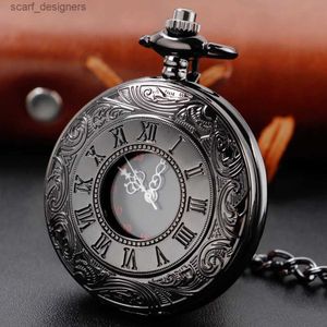 Pocket horloges retro Romeinse cijfers Quartz Pocket Men Women Black Hollow Case Steampunk Vintage Hangketting Klok Geschenken Y240410