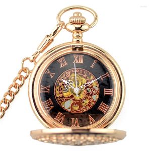 Relojes de bolsillo Retro Rose Gold Skeleton Magnifier Mechanical Hand Wind Fob Reloj para hombre Mujer Colgante Regalo completo