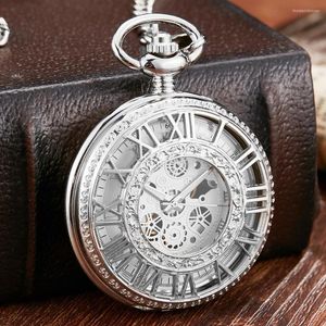 Pocket horloges retro zilveren mechanisch horloge met ketting unieke Romeinse cijfers holle sculptuur handwindheren