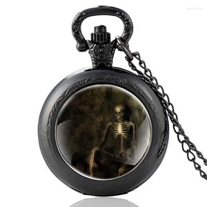 Zakhorloges Retro Skull Skeleton Black Unieke Quartz Horloge Mannen Vrouwen Glazen Koepel Klassieke Hanger Ketting Uur Klok