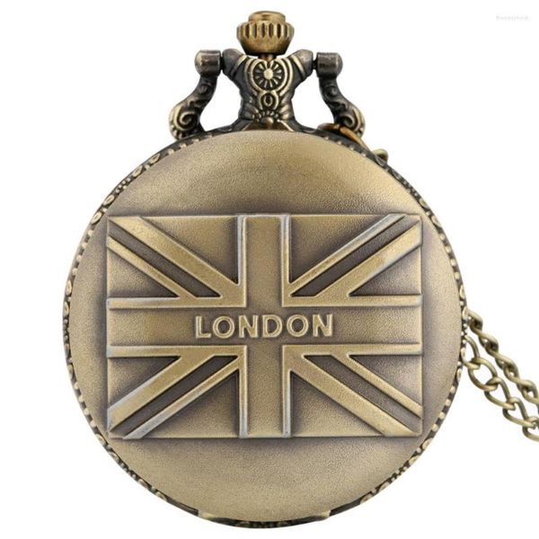 Relojes de bolsillo Retro bandera del Reino Unido pantalla bronce Londres patrón británico mujeres hombres reloj de cuarzo cadenas Vintage regalos masculinos