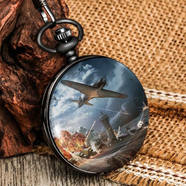 Montres de poche Rétro Seconde Guerre mondiale Motif d'impression d'avion Montre à quartz Cadran blanc Classique Flip Cover Pendentif Chaîne épaisse Memorial PresentPock