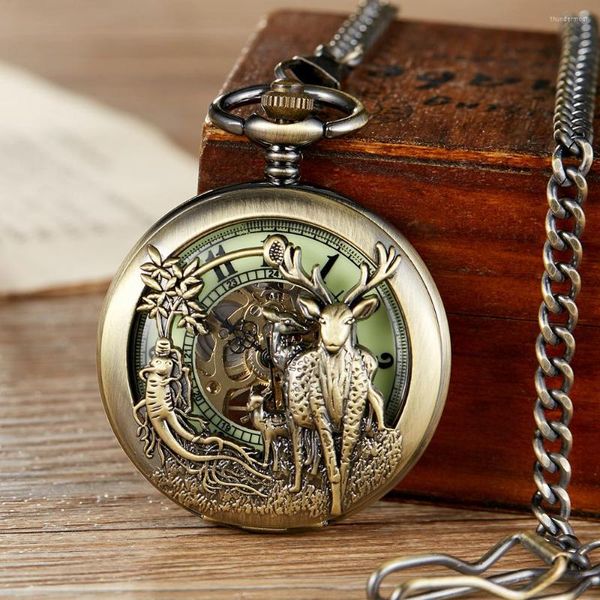Montres de poche rétro zodiaque Design hommes femmes montre Antique creux mécanique Bronze horloge porte-bonheur collier pendentif cadeau Fob chaînes