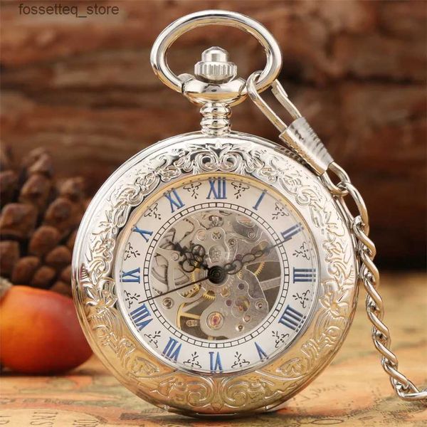 Relojes de bolsillo Brazo robótico envuelto alrededor del bolsillo Pantalla de números romanos azul Cubierta transparente Fob de plata antigua Reloj de bolsillo colgante L240322