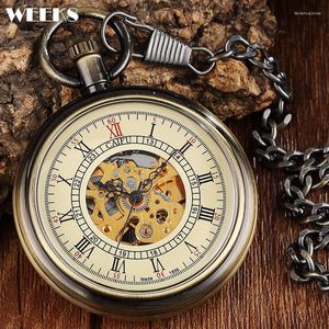 Pocket horloges Roman Numeral Mechanical Watch Antique Vintage Smooth Engrave Steampunk Skeleton Fob Chain Clock For Men Women Collection