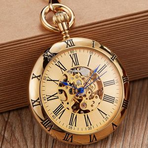 Pocket horloges Roman Numeral Mechanical Watch FOB Chain Antique Vintage Steampunk Skeleton Bronze gegraveerde klokmanen vrouwen