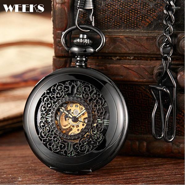 Montres de poche chiffres romains montre mécanique Vintage luxe creux boîtier noir Steampunk squelette lumineux Fob chaîne horloge pour hommes femmes