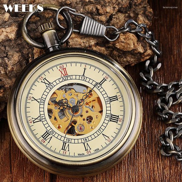 Relojes de bolsillo Reloj mecánico con números romanos Antiguo Vintage Grabado suave Steampunk Esqueleto Fob Reloj de cadena para hombres Colección de mujeres