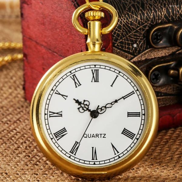 Relojes de bolsillo Números romanos Analógico Tipo de cara abierta Reloj con collar de oro para hombres Mujeres Movimiento de cuarzo Reloj con colgante de regalo antiguo y elegante