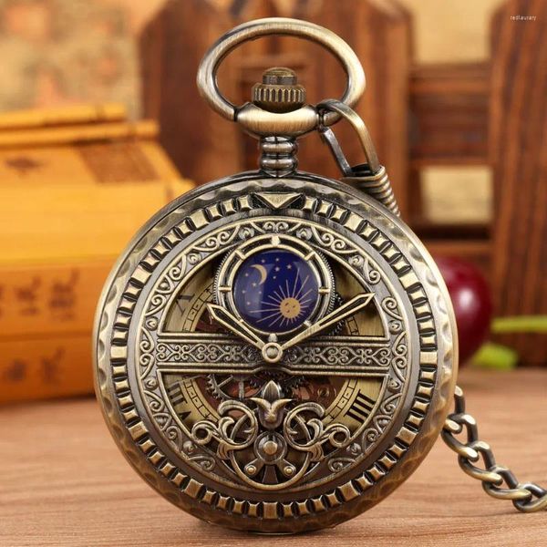 Relojes de bolsillo con números romanos, reloj mecánico de cuerda manual para hombre, reloj colgante con cadena decorada con medio sol y luna de bronce