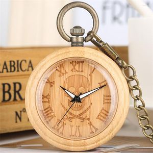 Montres de poche chiffres romains pirate crâne sculpter bambou bois montre à quartz visage ouvert naturel rétro en bois pendentif horloge bronze chaîne