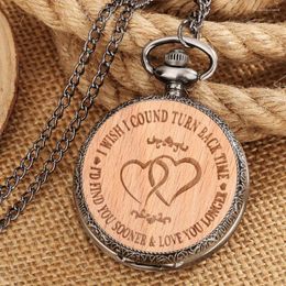 Montres de poche Romantique JE SOUHAITE RETOURNER LE TEMPS Texte sur montre à quartz en bois gravé amour personnalisé avec chaîne de collier