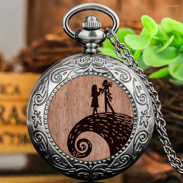 Relojes de Bolsillo Reloj de Cuarzo Plateado para niña romántica para Damas Patrón de Tema de Luna de Halloween Reloj de Cadena con Esfera con números arábigos clásicos