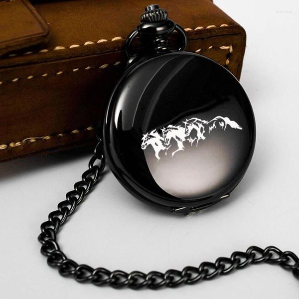 Montres de poche en cours d'exécution chevaux graver texte cadeaux pour homme horloge Fob chaîne montre en acier lisse Vintage numéro romain cadran pendentif