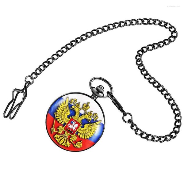 Montres de poche drapeau russe Double tête aigle imprimé montre à Quartz Vintage noir pendentif Fob chaîne Antique montre cadeau