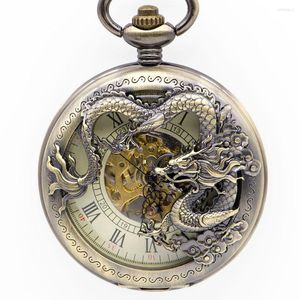 Pocket Watches Sales Bronze Dragon Roman Hollow Case Mechanisch met Unisex FOB Chain Watch voor mannen Women PJX1346
