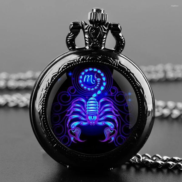 Montres de poche Scorpion Star Sign Design Dôme en verre Vintage Quartz Montre Hommes Femmes Pendentif Collier Chaîne Charme Horloge Bijoux Cadeaux