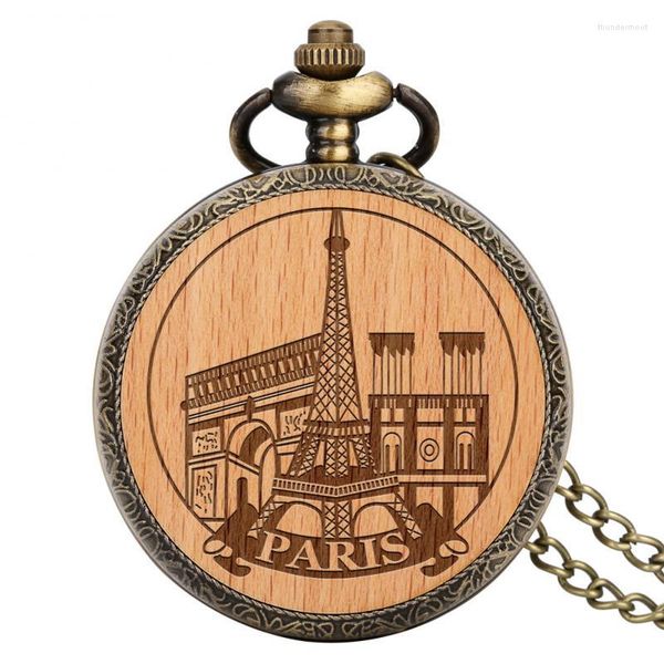 Relojes de bolsillo Esculpido Grabado Torre Eiffel París Francia Edificio Estatuilla Estatua Artesanía de madera Reloj de cuarzo Reloj de madera Regalos de recuerdo