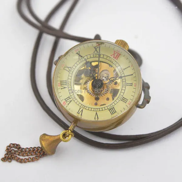 Relojes de bolsillo transparentes en tono bronce, diseño de bola de cristal, cuerda a mano, reloj mecánico, cadena de cuero, bonito regalo, precio al por mayor H033