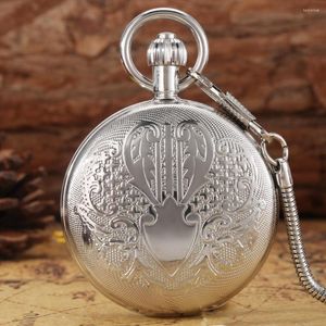 Pocket horloges schild carve ontwerp zilveren koperen cover automatisch mechanisch horloge Arabische digitale wijzerplaat vrouwen verzamelbare ketting hanger