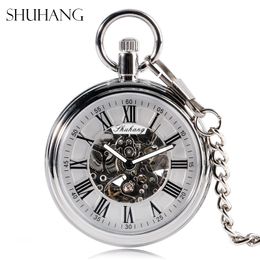 Zakhorloges SHUHANG Mechanisch horloge Heren Automatisch zelfopwindend zakhorloge Zilver Eenvoudig open kettinghanger met Romeins nummer 230830