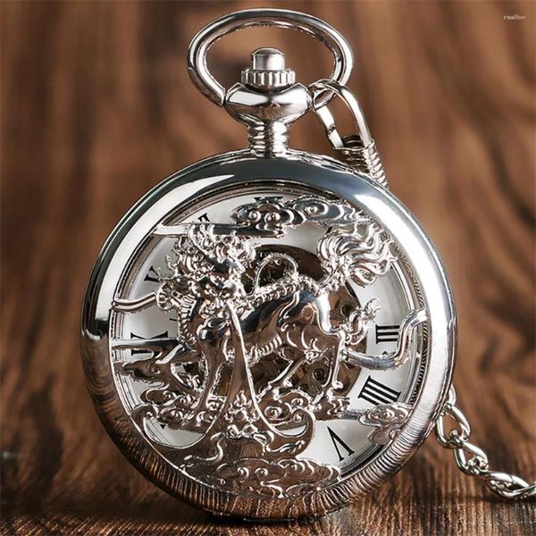 Montres de poche en argent creux bête de Kilin, mécanique à remontage manuel, chiffres romains, Steampunk, chaîne rétro, pendentif, horloge, cadeau