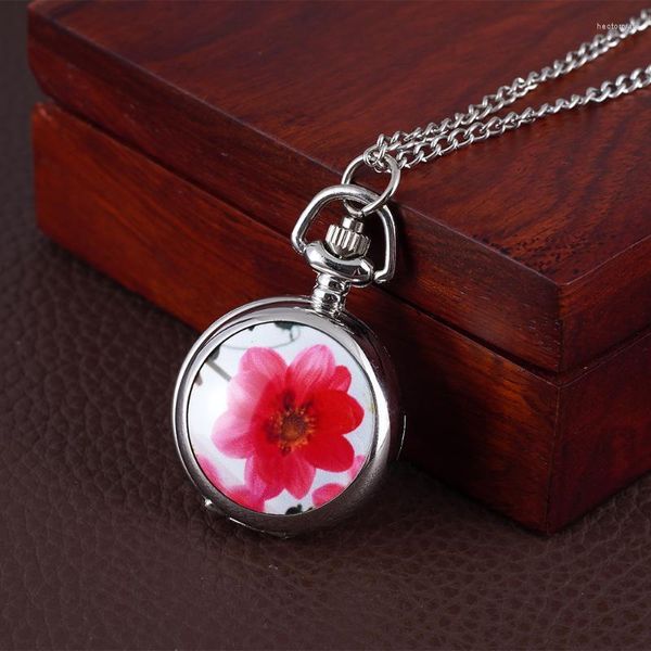 Montres de Poche Argent Petite Fleur Rouge Motif Montre Céramique Patch Flip Collier Pendentif