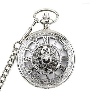 Montres de poche ton argent Steampunk Gear montre mécanique à vent pour hommes boîtier squelette chiffres romains cadran chaîne Fob horloge pendentif