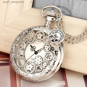 Montres de poche Roue en argent Reel Hollow Gears Design Collier Quartz Pocket Pocket Chain Stars Pendants Fob Clock With Gear Accessory Y240410