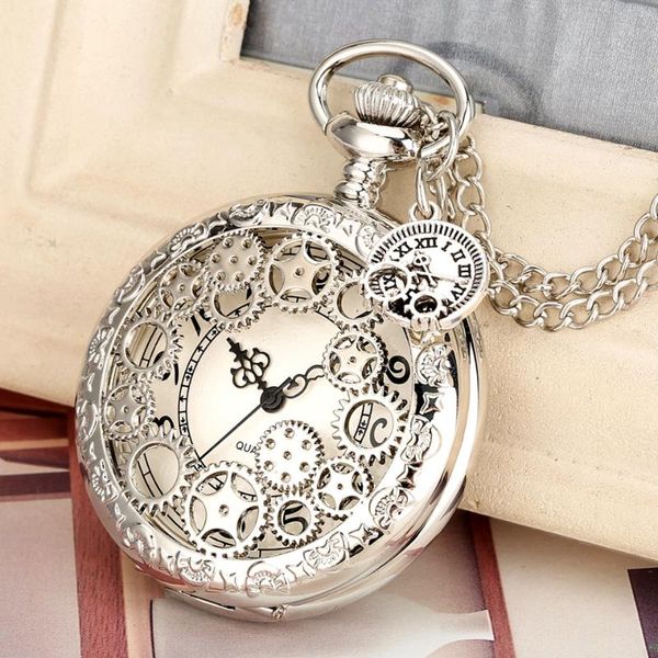 Relojes de bolsillo Carrete de rueda de plata Engranajes huecos Collar de diseño Reloj de cuarzo Suéter Cadena Estrellas Colgante Reloj FOB con accesorio de engranaje Bolsillo