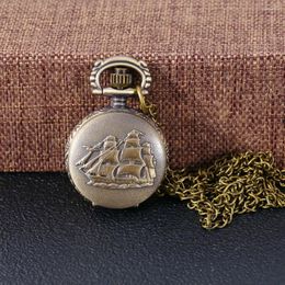 Montres de poche petite montre à quartz en bronze mignon pour hommes femmes navigation de voile boîtier gravé au laser chaîne fob pendentif collier horloge cadeaux