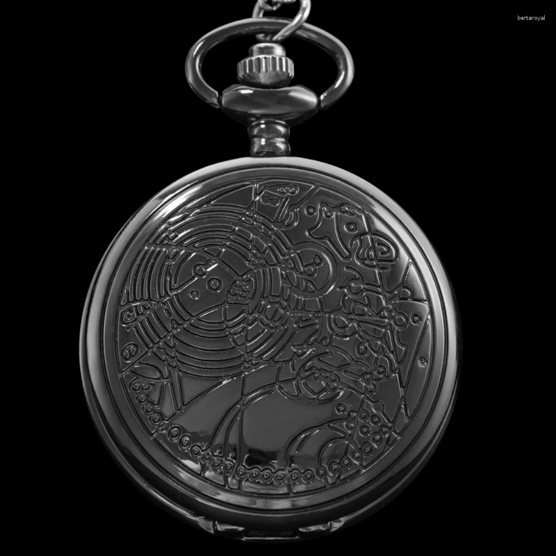 Montres de poche montre à quartz sculptée ligne noire lisse avec chaîne de haute qualité en acier pour hommes et femmes horloge collier pendentif cadeau