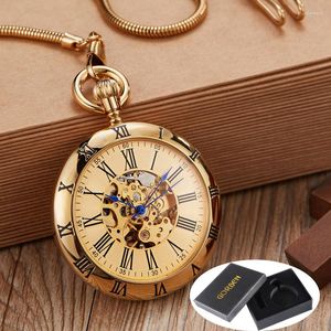 Pocket horloges glad retro ronde gouden mechanisch horloge mannen fob keten prachtige sculptuur koper automatische mannelijke geschenken