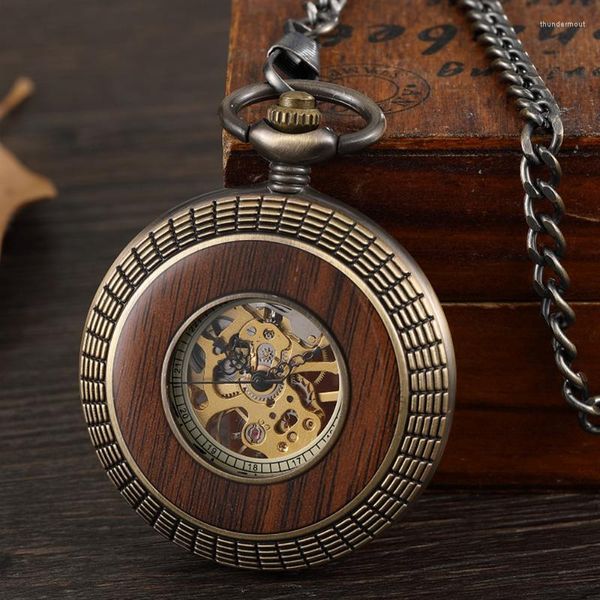 Montres De Poche En Bois Massif Montre Mécanique Hommes Chaîne Rétro Cadran Romain Horloge Creuse Steampunk Cadeau En Acier Inoxydable Femmes Boîte Reloj Thun22